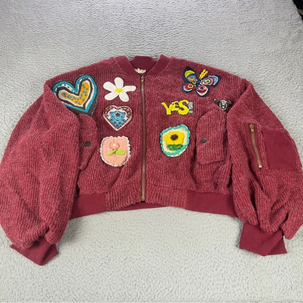 POL Sweater Womens Small Red Cropped Full Zip Oversized Patch Embellishment - Picture 4 of 10